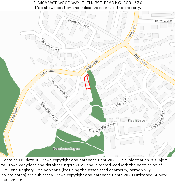 1, VICARAGE WOOD WAY, TILEHURST, READING, RG31 6ZX: Location map and indicative extent of plot