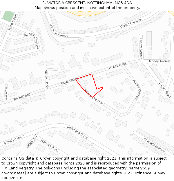 1, VICTORIA CRESCENT, NOTTINGHAM, NG5 4DA: Location map and indicative extent of plot