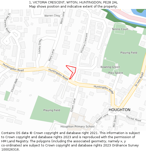 1, VICTORIA CRESCENT, WYTON, HUNTINGDON, PE28 2AL: Location map and indicative extent of plot