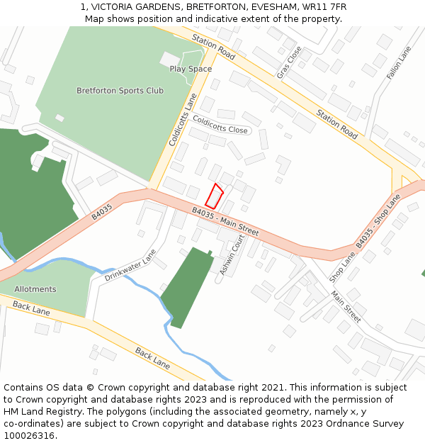 1, VICTORIA GARDENS, BRETFORTON, EVESHAM, WR11 7FR: Location map and indicative extent of plot