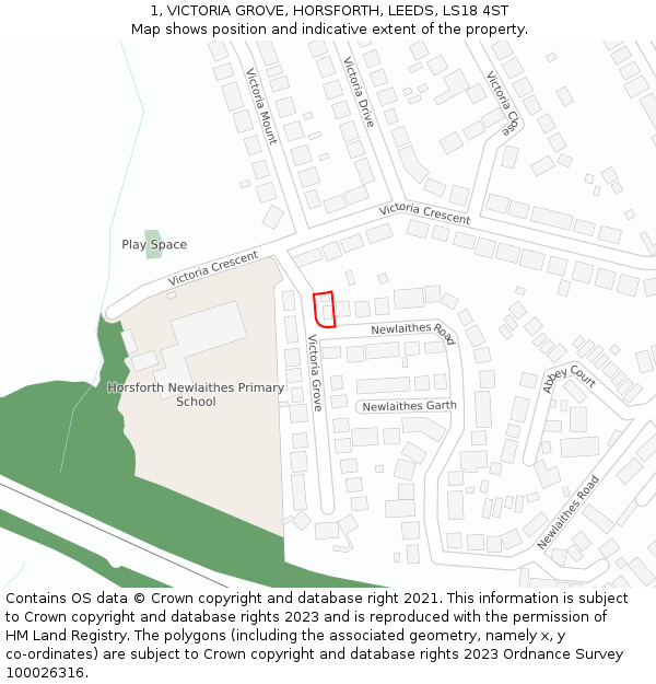 1, VICTORIA GROVE, HORSFORTH, LEEDS, LS18 4ST: Location map and indicative extent of plot