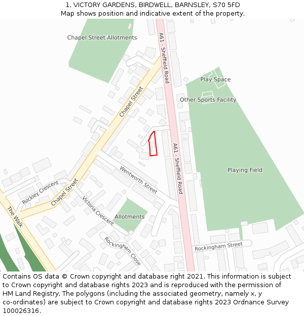 1, VICTORY GARDENS, BIRDWELL, BARNSLEY, S70 5FD: Location map and indicative extent of plot