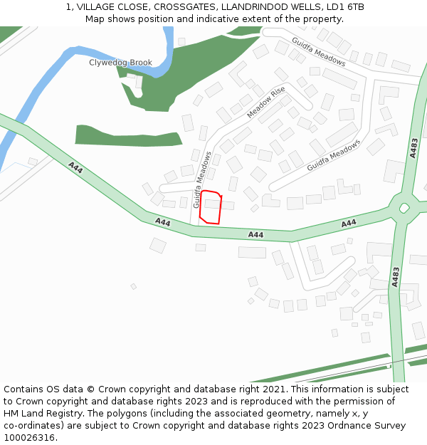1, VILLAGE CLOSE, CROSSGATES, LLANDRINDOD WELLS, LD1 6TB: Location map and indicative extent of plot