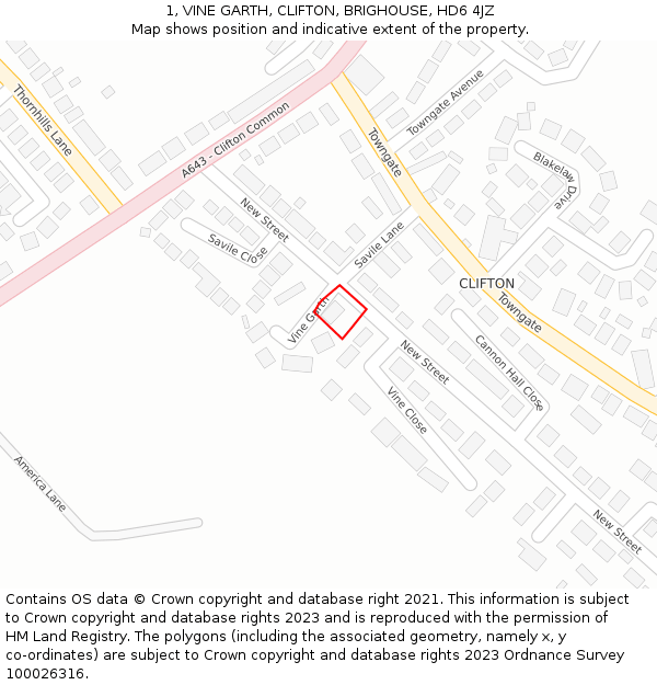 1, VINE GARTH, CLIFTON, BRIGHOUSE, HD6 4JZ: Location map and indicative extent of plot