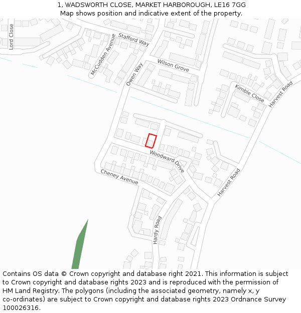 1, WADSWORTH CLOSE, MARKET HARBOROUGH, LE16 7GG: Location map and indicative extent of plot