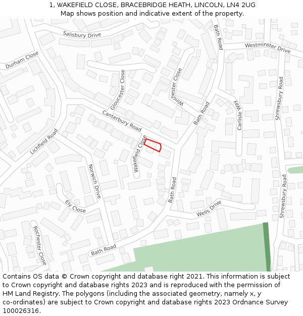 1, WAKEFIELD CLOSE, BRACEBRIDGE HEATH, LINCOLN, LN4 2UG: Location map and indicative extent of plot