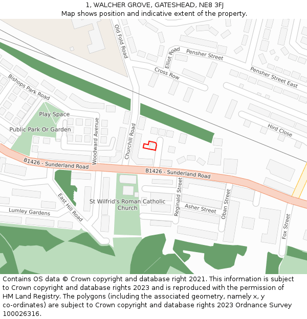 1, WALCHER GROVE, GATESHEAD, NE8 3FJ: Location map and indicative extent of plot