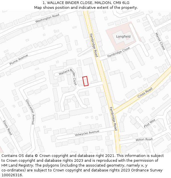 1, WALLACE BINDER CLOSE, MALDON, CM9 6LG: Location map and indicative extent of plot