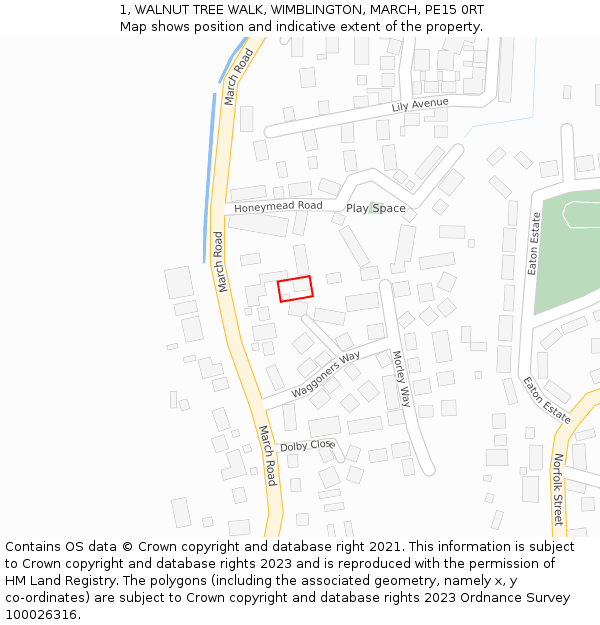 1, WALNUT TREE WALK, WIMBLINGTON, MARCH, PE15 0RT: Location map and indicative extent of plot