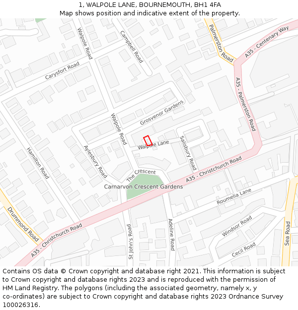 1, WALPOLE LANE, BOURNEMOUTH, BH1 4FA: Location map and indicative extent of plot