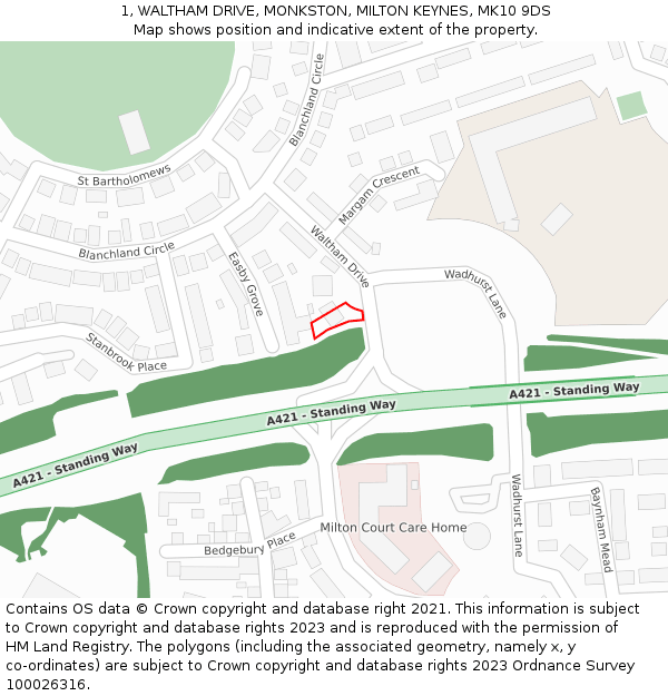 1, WALTHAM DRIVE, MONKSTON, MILTON KEYNES, MK10 9DS: Location map and indicative extent of plot