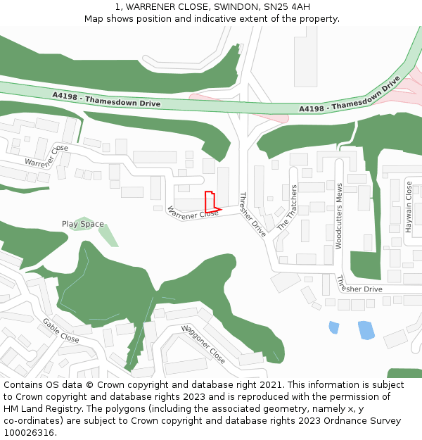 1, WARRENER CLOSE, SWINDON, SN25 4AH: Location map and indicative extent of plot