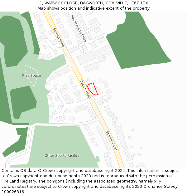 1, WARWICK CLOSE, BAGWORTH, COALVILLE, LE67 1BX: Location map and indicative extent of plot