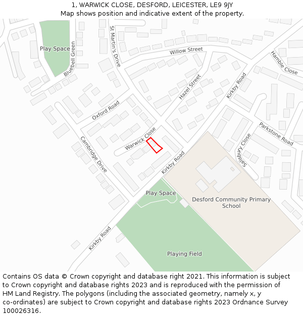 1, WARWICK CLOSE, DESFORD, LEICESTER, LE9 9JY: Location map and indicative extent of plot