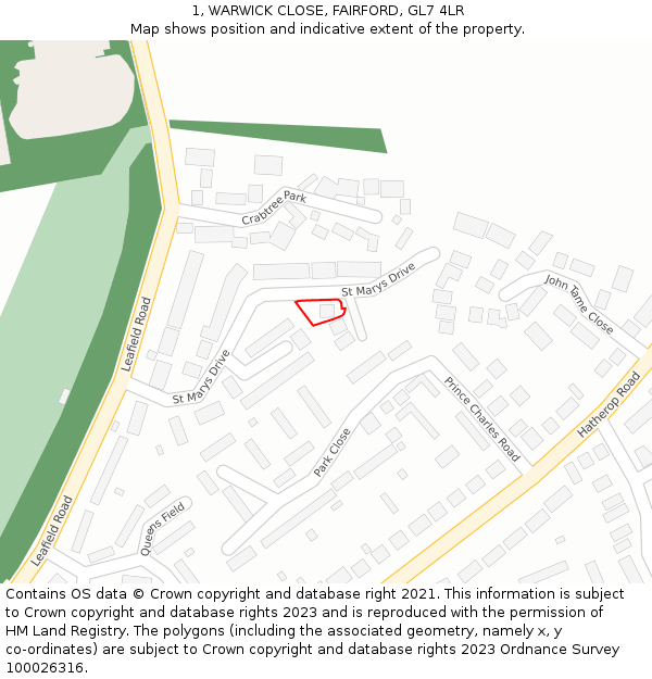 1, WARWICK CLOSE, FAIRFORD, GL7 4LR: Location map and indicative extent of plot