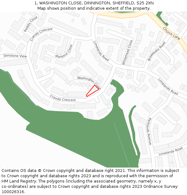 1, WASHINGTON CLOSE, DINNINGTON, SHEFFIELD, S25 2XN: Location map and indicative extent of plot
