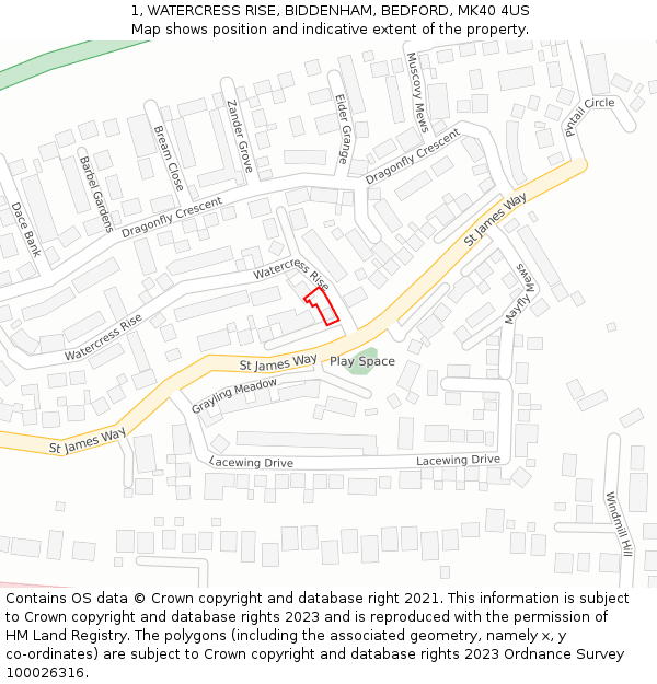 1, WATERCRESS RISE, BIDDENHAM, BEDFORD, MK40 4US: Location map and indicative extent of plot