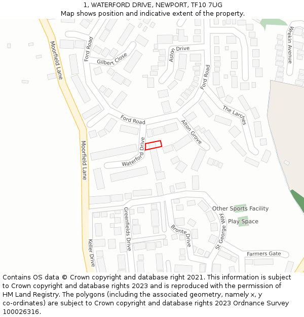 1, WATERFORD DRIVE, NEWPORT, TF10 7UG: Location map and indicative extent of plot