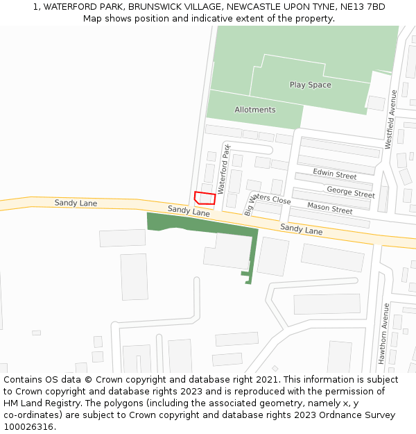 1, WATERFORD PARK, BRUNSWICK VILLAGE, NEWCASTLE UPON TYNE, NE13 7BD: Location map and indicative extent of plot