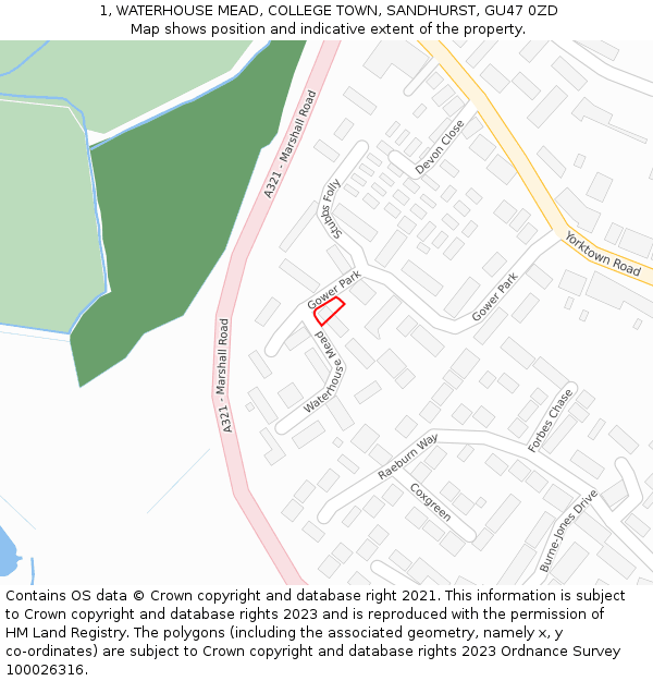 1, WATERHOUSE MEAD, COLLEGE TOWN, SANDHURST, GU47 0ZD: Location map and indicative extent of plot