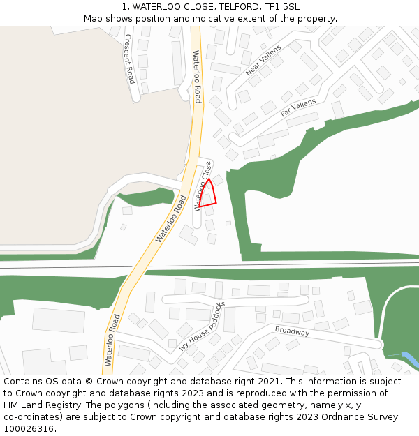 1, WATERLOO CLOSE, TELFORD, TF1 5SL: Location map and indicative extent of plot