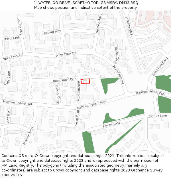 1, WATERLOO DRIVE, SCARTHO TOP, GRIMSBY, DN33 3SQ: Location map and indicative extent of plot