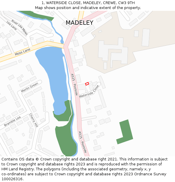1, WATERSIDE CLOSE, MADELEY, CREWE, CW3 9TH: Location map and indicative extent of plot