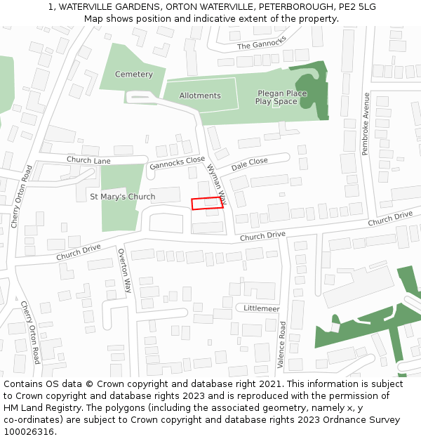 1, WATERVILLE GARDENS, ORTON WATERVILLE, PETERBOROUGH, PE2 5LG: Location map and indicative extent of plot