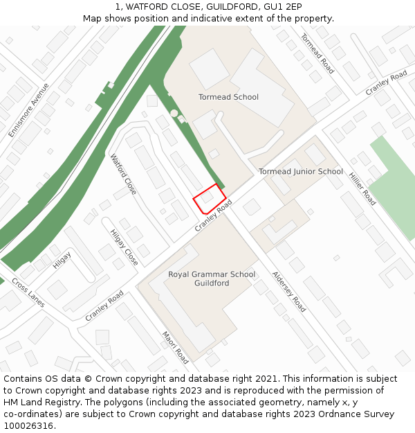 1, WATFORD CLOSE, GUILDFORD, GU1 2EP: Location map and indicative extent of plot