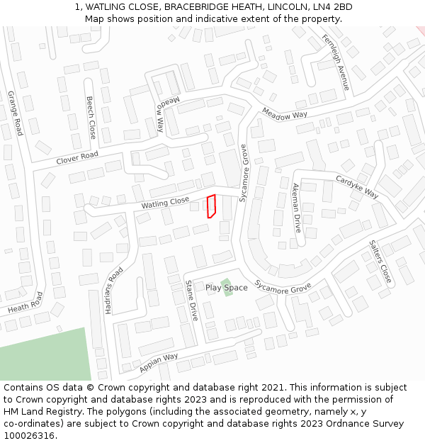 1, WATLING CLOSE, BRACEBRIDGE HEATH, LINCOLN, LN4 2BD: Location map and indicative extent of plot