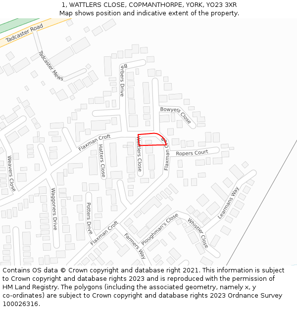 1, WATTLERS CLOSE, COPMANTHORPE, YORK, YO23 3XR: Location map and indicative extent of plot