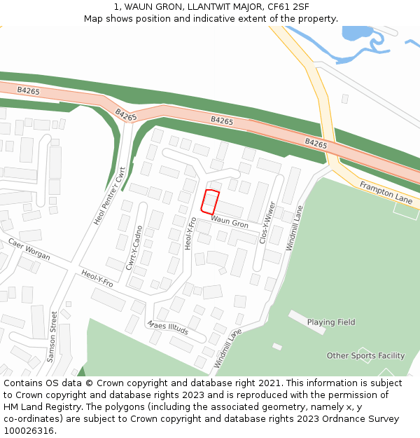1, WAUN GRON, LLANTWIT MAJOR, CF61 2SF: Location map and indicative extent of plot