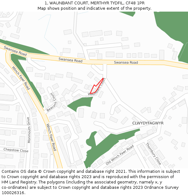1, WAUNBANT COURT, MERTHYR TYDFIL, CF48 1PR: Location map and indicative extent of plot