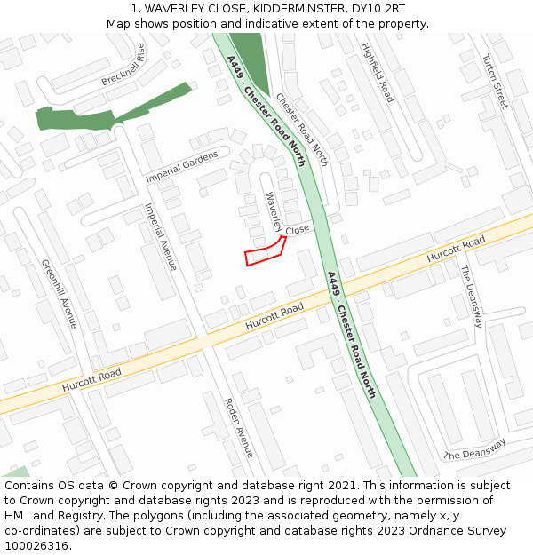 1, WAVERLEY CLOSE, KIDDERMINSTER, DY10 2RT: Location map and indicative extent of plot