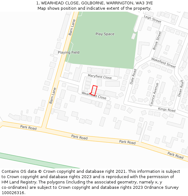 1, WEARHEAD CLOSE, GOLBORNE, WARRINGTON, WA3 3YE: Location map and indicative extent of plot