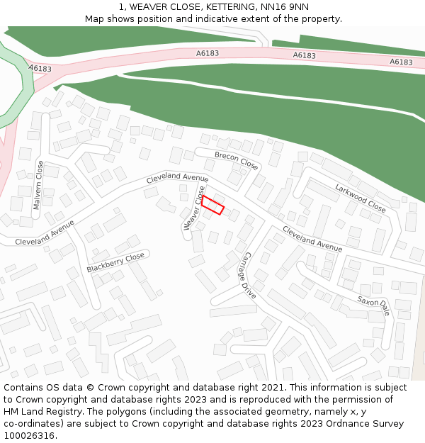1, WEAVER CLOSE, KETTERING, NN16 9NN: Location map and indicative extent of plot