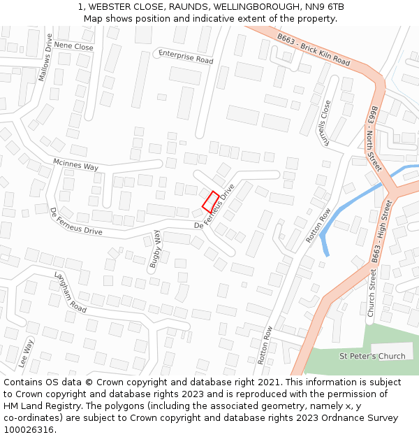 1, WEBSTER CLOSE, RAUNDS, WELLINGBOROUGH, NN9 6TB: Location map and indicative extent of plot