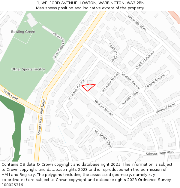 1, WELFORD AVENUE, LOWTON, WARRINGTON, WA3 2RN: Location map and indicative extent of plot