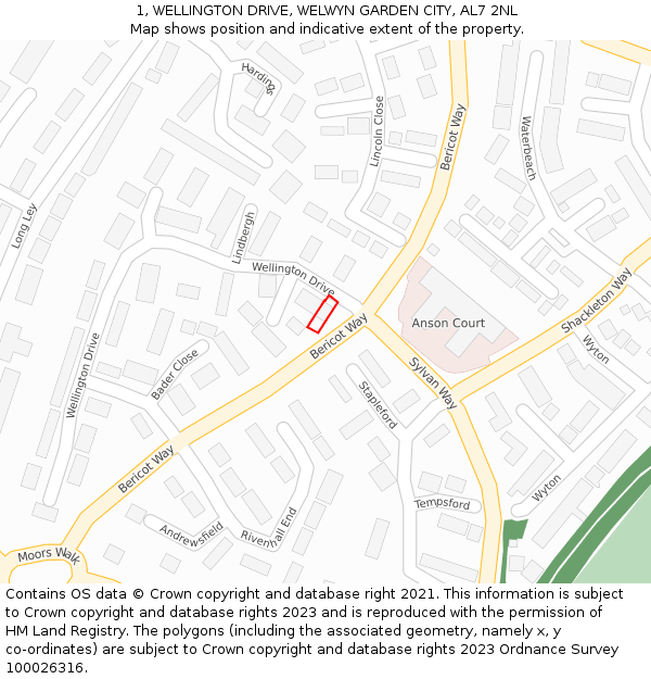 1, WELLINGTON DRIVE, WELWYN GARDEN CITY, AL7 2NL: Location map and indicative extent of plot
