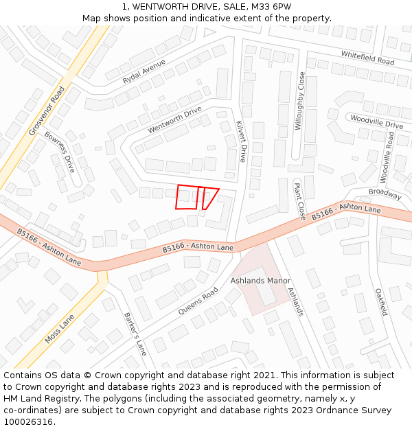 1, WENTWORTH DRIVE, SALE, M33 6PW: Location map and indicative extent of plot