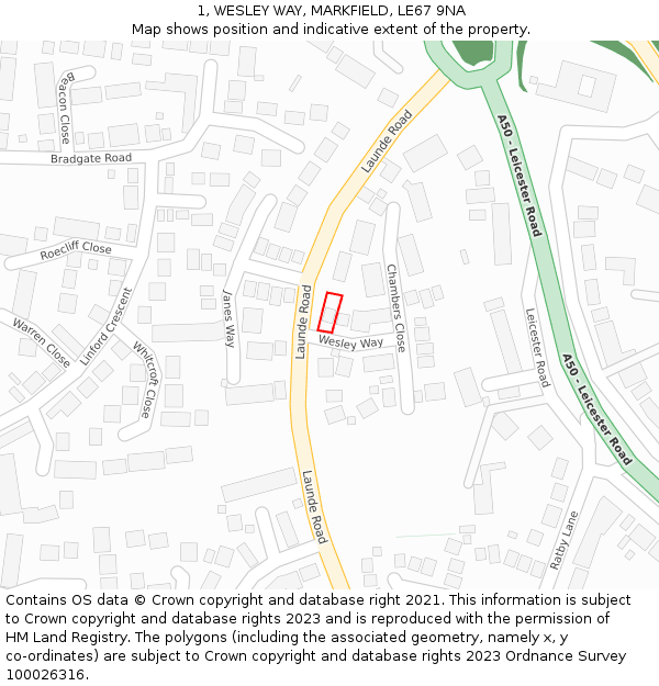 1, WESLEY WAY, MARKFIELD, LE67 9NA: Location map and indicative extent of plot
