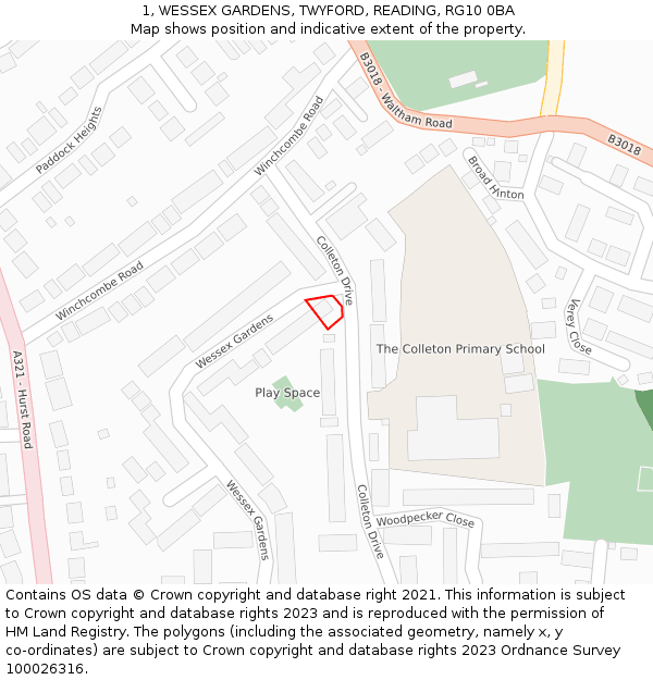 1, WESSEX GARDENS, TWYFORD, READING, RG10 0BA: Location map and indicative extent of plot