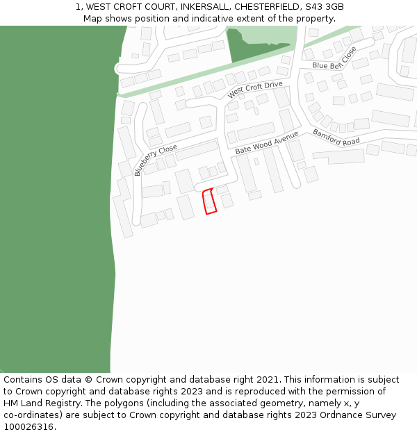 1, WEST CROFT COURT, INKERSALL, CHESTERFIELD, S43 3GB: Location map and indicative extent of plot