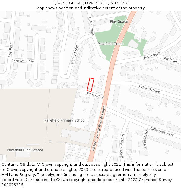 1, WEST GROVE, LOWESTOFT, NR33 7DE: Location map and indicative extent of plot