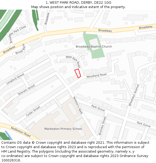 1, WEST PARK ROAD, DERBY, DE22 1GG: Location map and indicative extent of plot