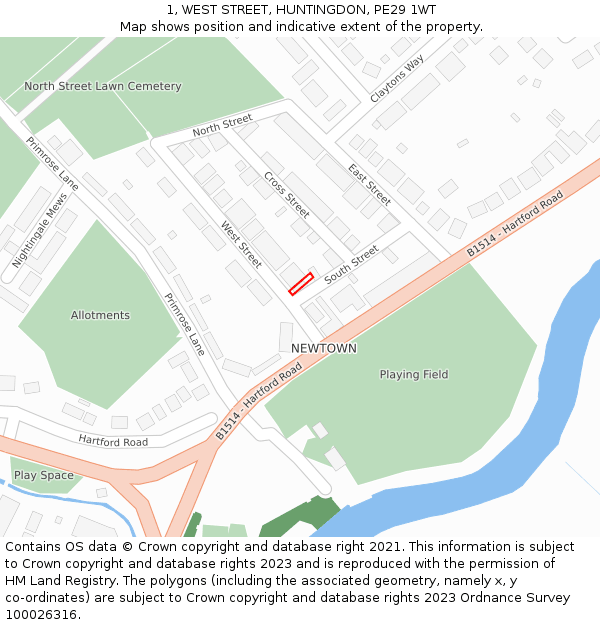 1, WEST STREET, HUNTINGDON, PE29 1WT: Location map and indicative extent of plot