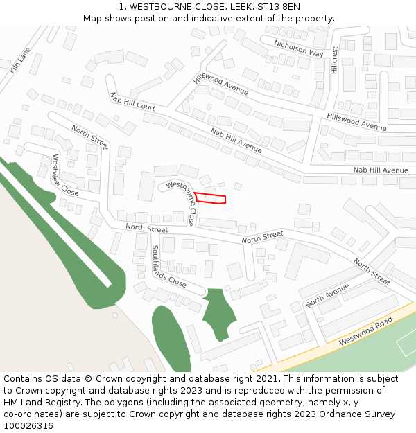 1, WESTBOURNE CLOSE, LEEK, ST13 8EN: Location map and indicative extent of plot