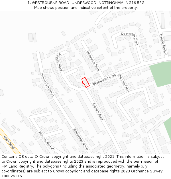 1, WESTBOURNE ROAD, UNDERWOOD, NOTTINGHAM, NG16 5EG: Location map and indicative extent of plot