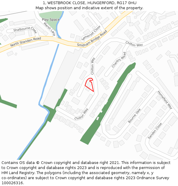 1, WESTBROOK CLOSE, HUNGERFORD, RG17 0HU: Location map and indicative extent of plot
