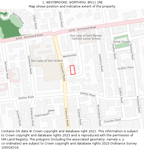 1, WESTBROOKE, WORTHING, BN11 1RE: Location map and indicative extent of plot